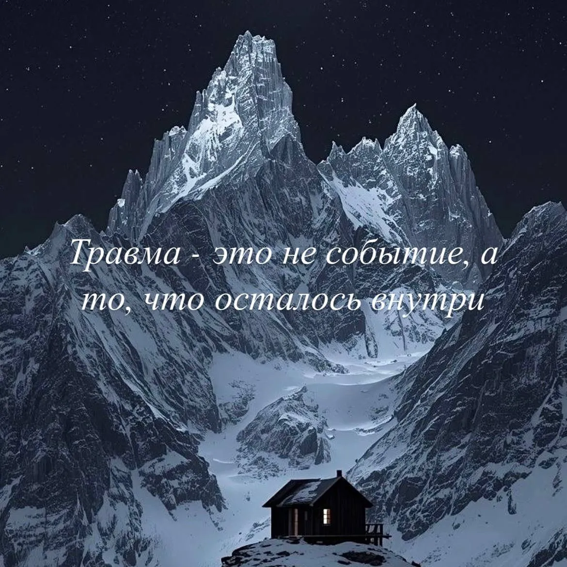 Изображение горы на ночном небе с надписью “Травма - это не событие, а то, что осталось внутри”